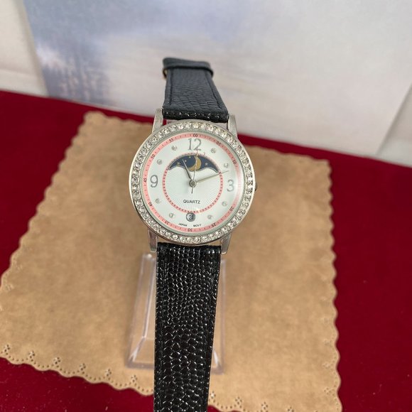 Vintage Moon Phase Watch Crystals Pink Black Strap W Date main image 6